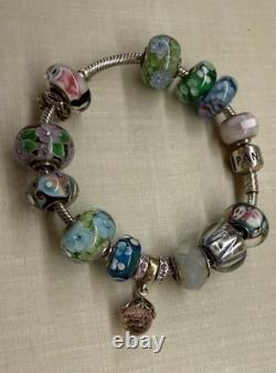 925 Sterling GENUINE PANDORA BRACELET w BOX & 16 MURANO & PERSONA Charms 52.8g