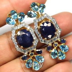 925 Sterling Silver 11 x 12 mm. Blue Sapphire, Topaz & Zircon Earrings