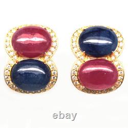 925 Sterling Silver 12 x 15 mm. Blue Sapphire, Ruby & Zircon Earrings