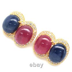 925 Sterling Silver 12 x 15 mm. Blue Sapphire, Ruby & Zircon Earrings