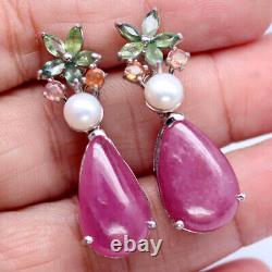 925 Sterling Silver 12 x 19 MM. Red Ruby, Pearl & Sapphire Black Friday Earrings