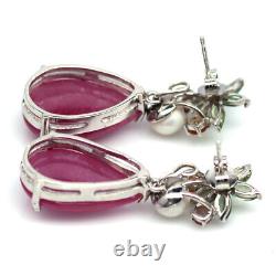 925 Sterling Silver 12 x 19 MM. Red Ruby, Pearl & Sapphire Black Friday Earrings