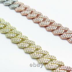 925 Sterling Silver 3-Tone C Z Cuban Chain Necklace 17