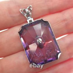 925 Sterling Silver Antique Art Deco Rhinestone & Lavender Glass Floral Pendant