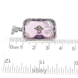 925 Sterling Silver Antique Art Deco Rhinestone & Lavender Glass Floral Pendant