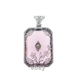 925 Sterling Silver Antique Art Deco Rhinestone & Lavender Glass Floral Pendant