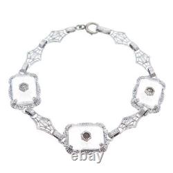 925 Sterling Silver Antique Rhinestone & Camphor Frosted Glass Bracelet 6.5