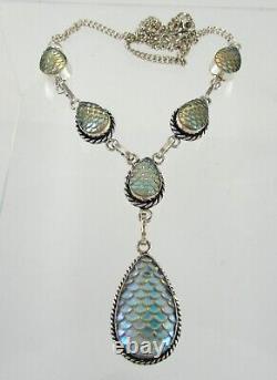925 Sterling Silver Art Glass Mermaid Necklace Fish Scale Cut Design Y Drop