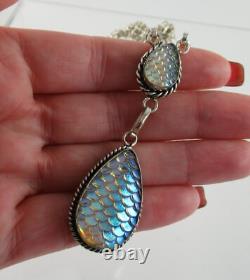 925 Sterling Silver Art Glass Mermaid Necklace Fish Scale Cut Design Y Drop