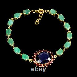 925 Sterling Silver Bracelet Oval Blue Sapphire Emerald Gemstone Jewelry 7.5 Inc
