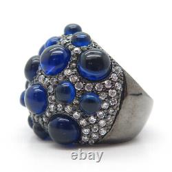 925 Sterling Silver Cabochon Blue Glass & C Z Bubbly Statement Ring Size 7.25