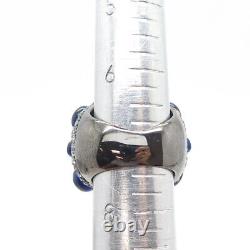925 Sterling Silver Cabochon Blue Glass & C Z Bubbly Statement Ring Size 7.25