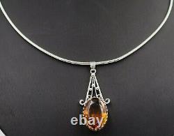 925 Sterling Silver Citrine Glass Pendant & Snake Chain