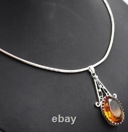 925 Sterling Silver Citrine Glass Pendant & Snake Chain