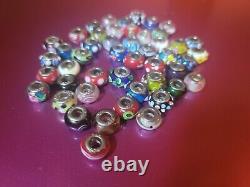 925 Sterling Silver Italy Glass Murano Slider Charm 48 Bead Lot Multi Color