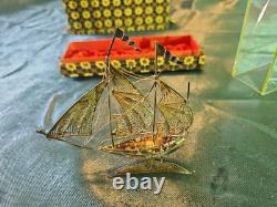925 Sterling Silver Model Ship in Original Glass Display Case Filigree