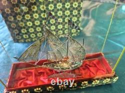 925 Sterling Silver Model Ship in Original Glass Display Case Filigree