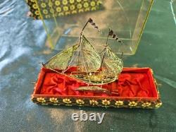 925 Sterling Silver Model Ship in Original Glass Display Case Filigree