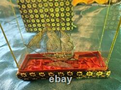 925 Sterling Silver Model Ship in Original Glass Display Case Filigree