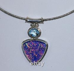 925 Sterling Silver Natural Blue Topaz Dichroic Opal Glass Modern Slide Pendant