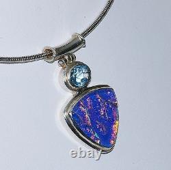 925 Sterling Silver Natural Blue Topaz Dichroic Opal Glass Modern Slide Pendant