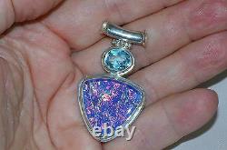 925 Sterling Silver Natural Blue Topaz Dichroic Opal Glass Modern Slide Pendant