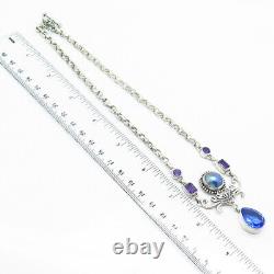 925 Sterling Silver Real Pearl Amethyst Gem Royal Blue Glass Chain Necklace 16