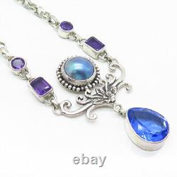 925 Sterling Silver Real Pearl Amethyst Gem Royal Blue Glass Chain Necklace 16