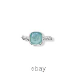 925 Sterling Silver Square Aqua Roman Glass with Pebble Band Ring