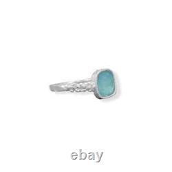 925 Sterling Silver Square Aqua Roman Glass with Pebble Band Ring