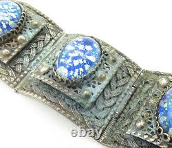 925 Sterling Silver Vintage Antique Glitter Glass Art Chain Bracelet BT4058