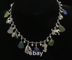925 Sterling Silver Vintage Colored Glass Ocean Motif Chain Necklace NE3690