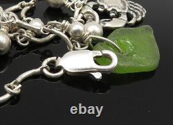 925 Sterling Silver Vintage Colored Glass Ocean Motif Chain Necklace NE3690