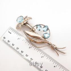 925 Sterling Silver Vintage EYF Blue Topaz-Tone Glass Floral Leaf Pin Brooch