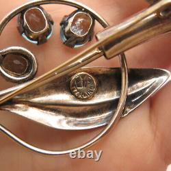 925 Sterling Silver Vintage EYF Blue Topaz-Tone Glass Floral Leaf Pin Brooch