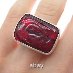 925 Sterling Silver Vintage Italy Red Glass Modernist Ring Size 11.25