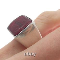 925 Sterling Silver Vintage Italy Red Glass Modernist Ring Size 11.25