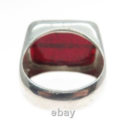 925 Sterling Silver Vintage Italy Red Glass Modernist Ring Size 11.25