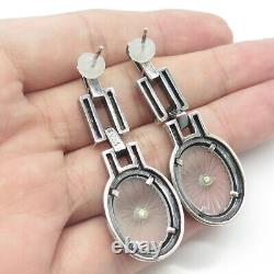 925 Sterling Silver Vintage Real Marcasite Gem & Camphor Frosted Glass Earrings