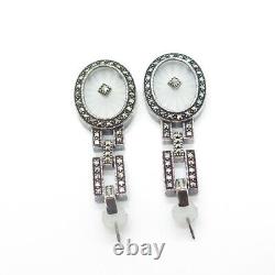 925 Sterling Silver Vintage Real Marcasite Gem & Camphor Frosted Glass Earrings