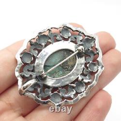 925 Sterling Silver Vintage Roman Glass Ornate Pin Brooch / Pendant
