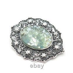925 Sterling Silver Vintage Roman Glass Ornate Pin Brooch / Pendant
