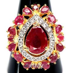 9 X 12 MM. Pear Red Heated Ruby & White Zircon Ring 925 Sterling Silver