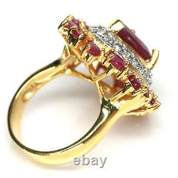 9 X 12 MM. Pear Red Heated Ruby & White Zircon Ring 925 Sterling Silver