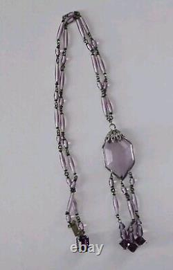 ANTIQUE 1920's ART DECO STERLING SILVER AMETHYST GLASS NECKLACE 20