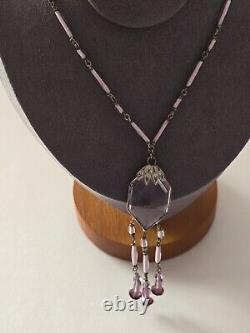 ANTIQUE 1920's ART DECO STERLING SILVER AMETHYST GLASS NECKLACE 20