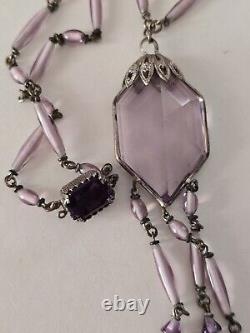 ANTIQUE 1920's ART DECO STERLING SILVER AMETHYST GLASS NECKLACE 20