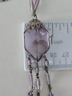 ANTIQUE 1920's ART DECO STERLING SILVER AMETHYST GLASS NECKLACE 20