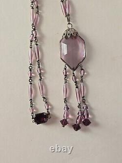 ANTIQUE 1920's ART DECO STERLING SILVER AMETHYST GLASS NECKLACE 20