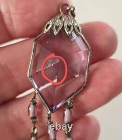 ANTIQUE 1920's ART DECO STERLING SILVER AMETHYST GLASS NECKLACE 20